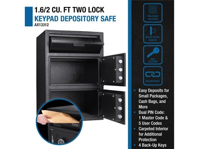 Barska Dual-Compartment Steel Depository Safe with Keypad Lock, 1.6/2 cu. ft., Black (AX13312)