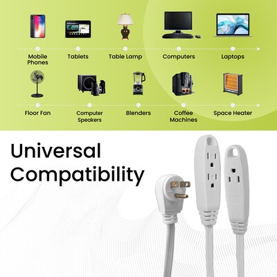 GoGreen Power 8' Extension Cord, 3-Outlet, 16 AWG, White (GG-19608)