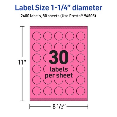 Avery Laser/Inkjet Round Multipurpose Labels, 1.25" Dia., Bright Pink, 2400/Box (94505)