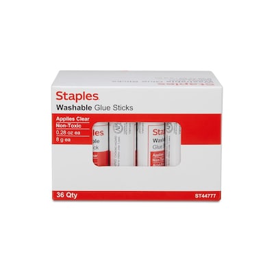 Staples Washable Glue Sticks, Clear, 8 g, 36 Pack – Bulk Easy-Clean Adhesive for Classrooms & Craft Use