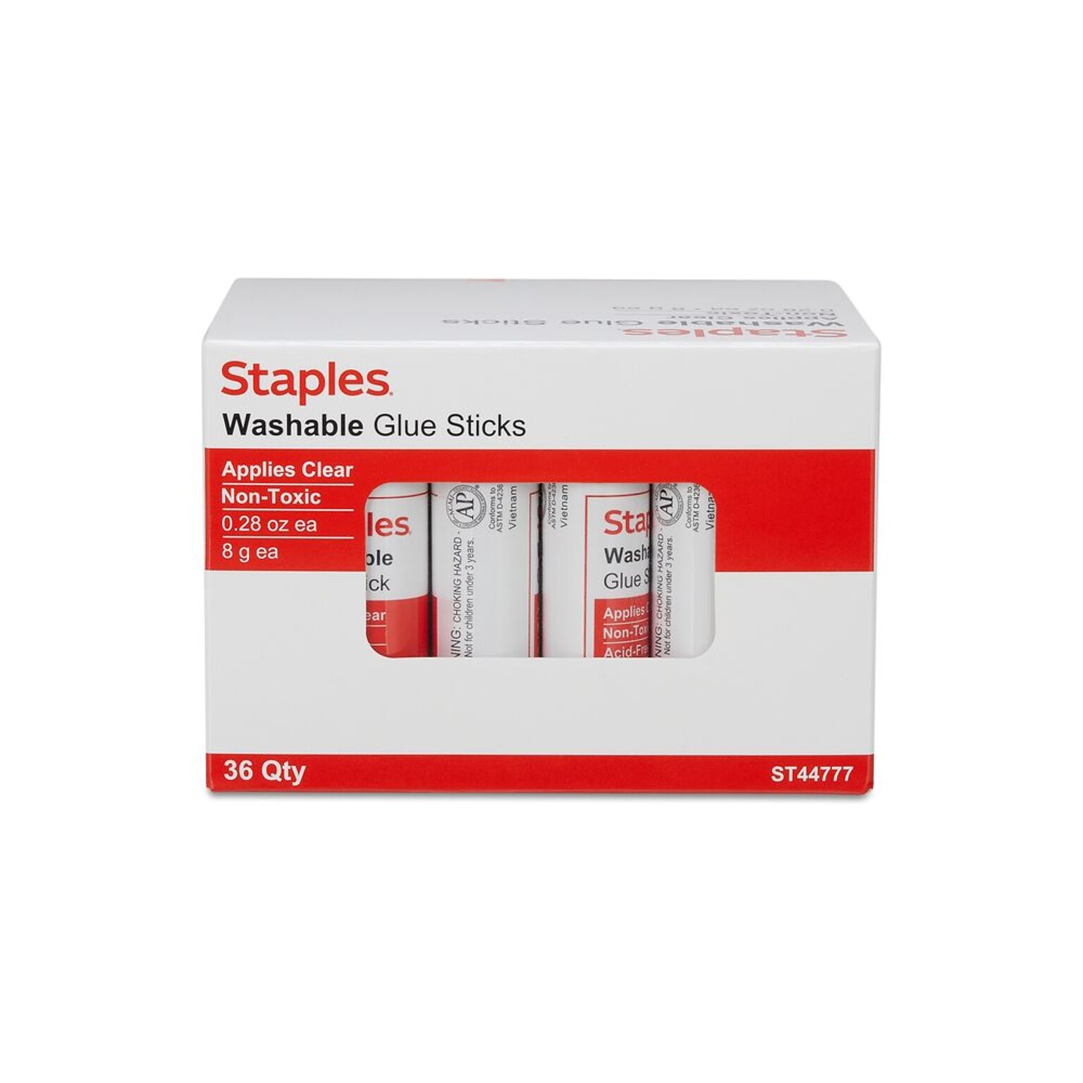 Staples Washable Glue Sticks, Clear, 8 g, 36 Pack – Bulk Easy-Clean Adhesive for Classrooms & Craft Use