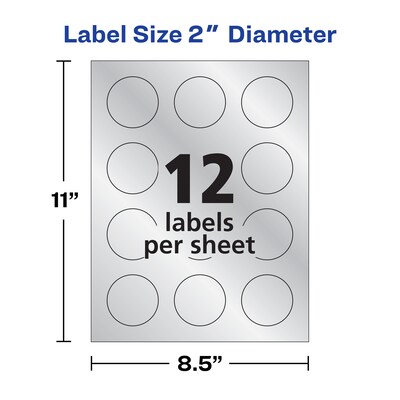 Avery Easy Peel Inkjet Embossed Foil Round Labels, 2" Dia, Silver, 96 Labels/Pack (22824)