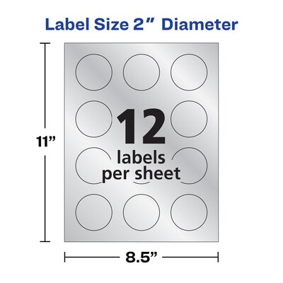 Avery Easy Peel Inkjet Embossed Foil Round Labels, 2" Diameter, Silver, 12 Labels/Sheet, 8 Sheets/Pack, 96 Labels/Pack (22824)