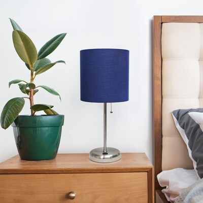 Creekwood Home Oslo 19.5" LED Table Lamp with USB Port, Brushed Steel/Navy Blue Shade (CWT-2012-NV-LB)