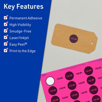 Avery Laser/Inkjet Waterproof Round Multipurpose Labels, 0.75 Dia., Neon Magenta, 6400 Labels/Box (94504)