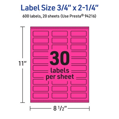 Avery Laser/Inkjet Rectangle Multipurpose Labels, 0.75" x 2.25", Neon Magenta, 600/Pack (94216)