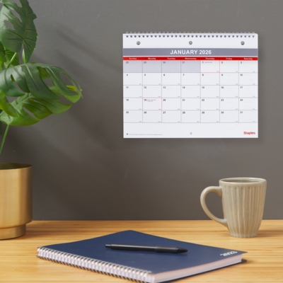 2026 Staples 11" x 8" Monthly Wall Calendar, White/Red/Gray (ST53915-26)