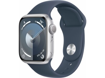 Apple Watch Series 9 (GPS) Smartwatch, 41mm, Silver Aluminum Case with Storm Blue Sport Band, M/L (MR913LL/A)