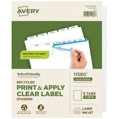 Avery Index Maker EcoFriendly Paper Dividers with Print & Apply Label Sheets, 5 Tabs, White, 5 Sets/Pack (11580)