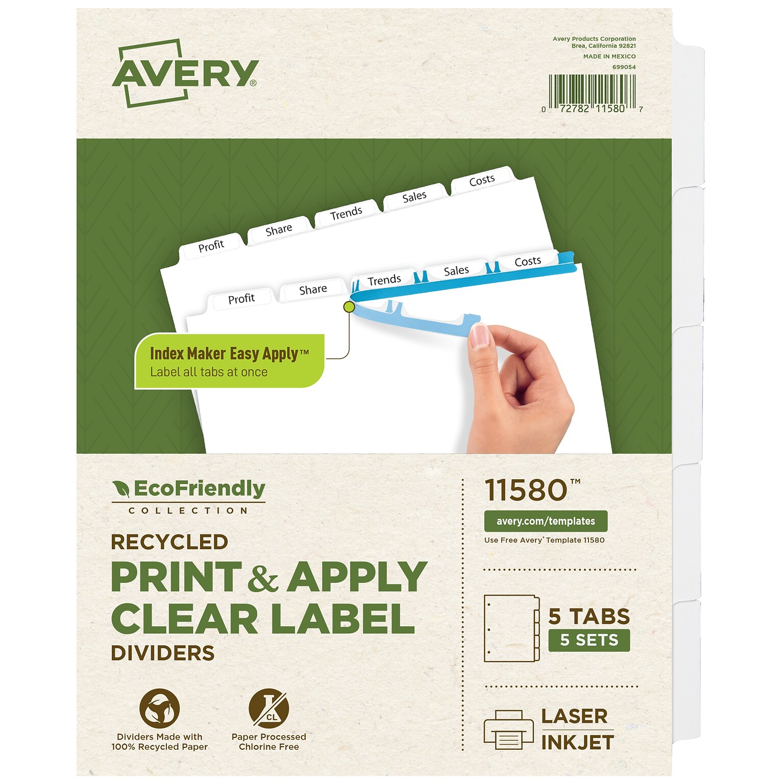 Avery Index Maker EcoFriendly Paper Dividers with Print & Apply Label Sheets, 5 Tabs, White, 5 Sets/Pack (11580)