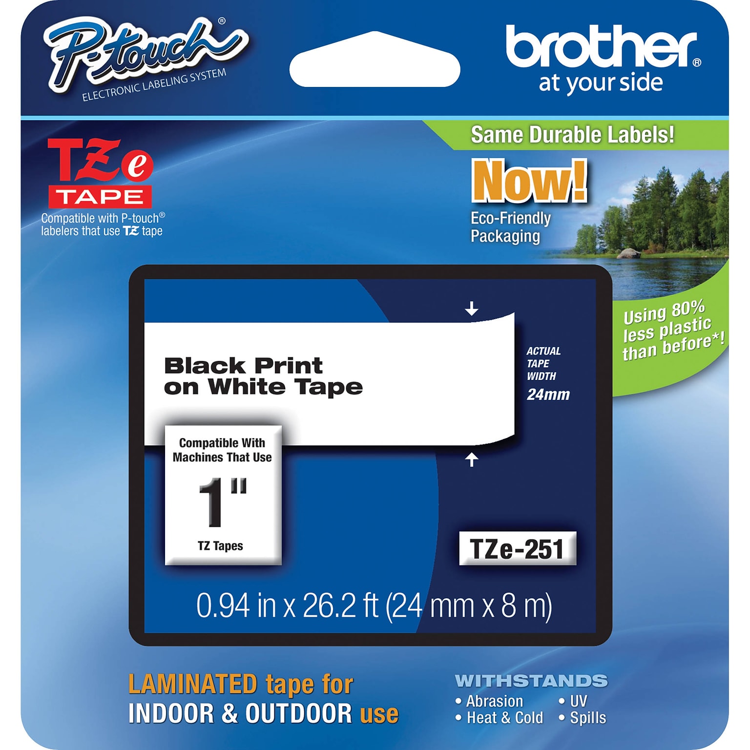 Brother P-touch TZe-251 Laminated Label Maker Tape, 1 x 26-2/10, Black On White (TZe-251)