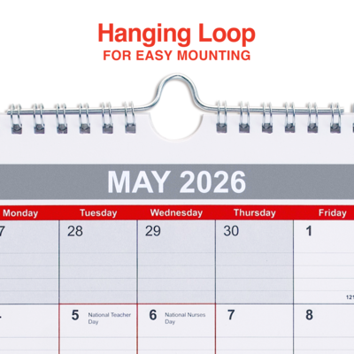 2026 Staples 8" x 11" Monthly Wall Calendar, White/Red/Gray (ST53922-26)