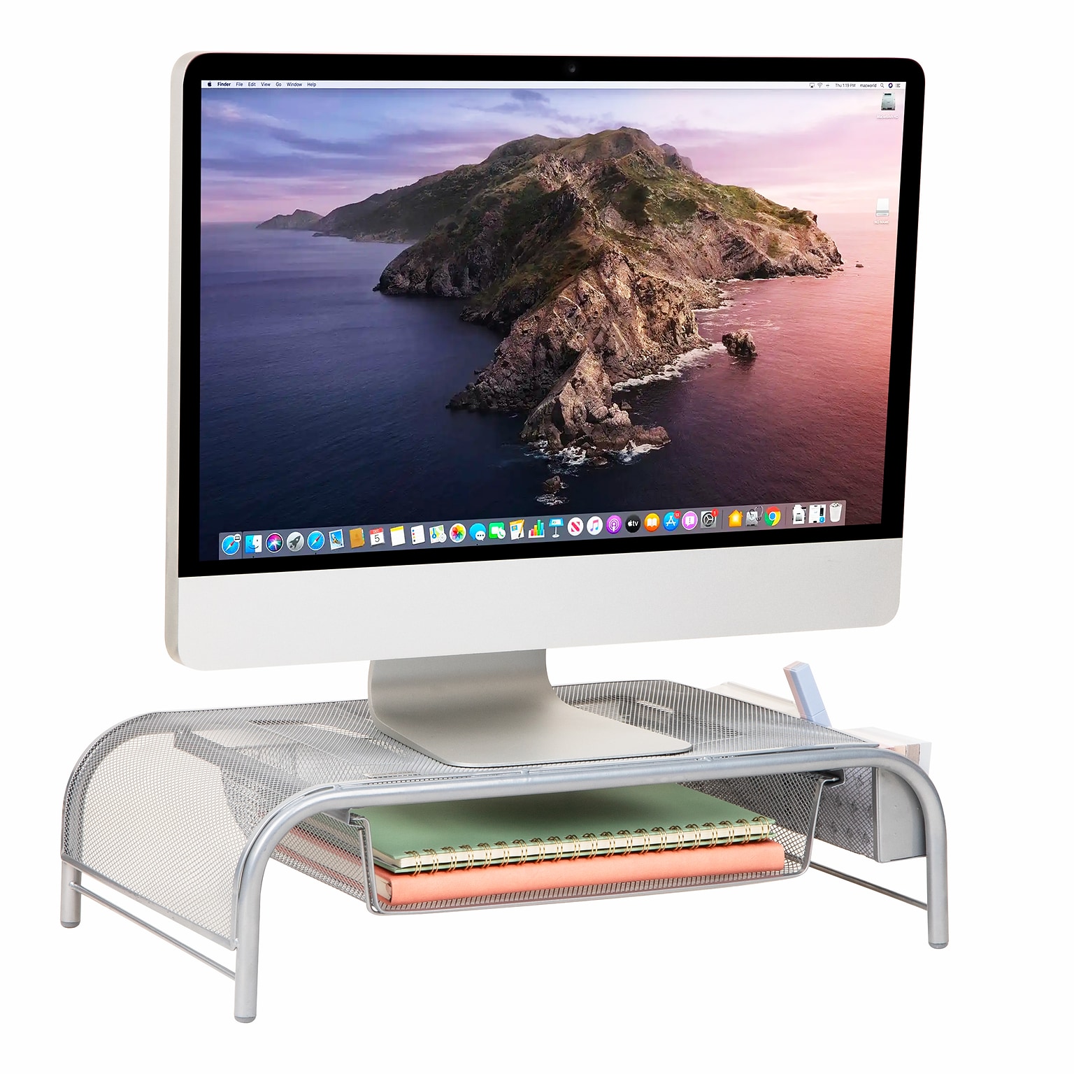 Mind Reader Monitor Stand with Paper Tray, Metal, Silver  (MESHMONSTA-SIL)
