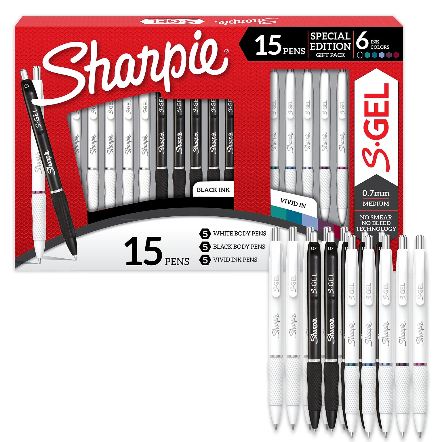 Sharpie S-Gel Retractable Pen Gift Pack, Medium Point, 0.7mm, Assorted Ink, 15/Pack (2220969)