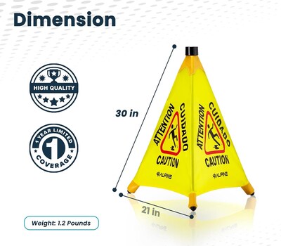 Alpine Industries Wet Floor Caution Cone Sign, 30"H, Yellow, 5/Pack (498-30-5pk)