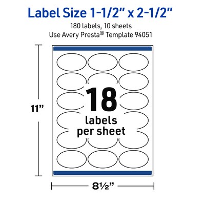 Avery Waterproof Oval Laser Multipurpose Labels, 1.5" x 2.5", White, 180/Pack (19479399176)