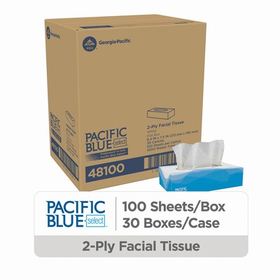 Pacific Blue Select Facial Tissue, 2-ply, 100 Tissues/Box, 30 Boxes/Carton (48100)
