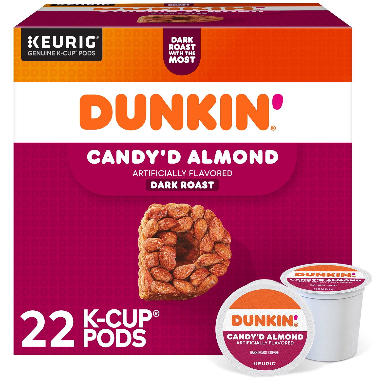 Dunkin Candyd Almond Coffee Keurig K-Cup Pods, Dark Roast, 22/Carton (5000375651)