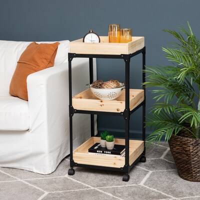 Mind Reader Woodland Collection 3-Shelf Mixed Materials Mobile Utility Cart with Lockable Wheels, Black (3TCARRY-BLK)