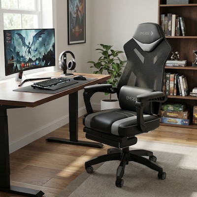 Quill Brand® Emerge Vomax Bonded Leather Ergonomic Gaming Chair, Black/Gray (61364)