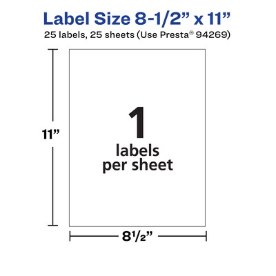Avery Laser/Inkjet Rectangle Multipurpose Labels, 8.5" x 11", White, 25 Labels/Pack (94269)