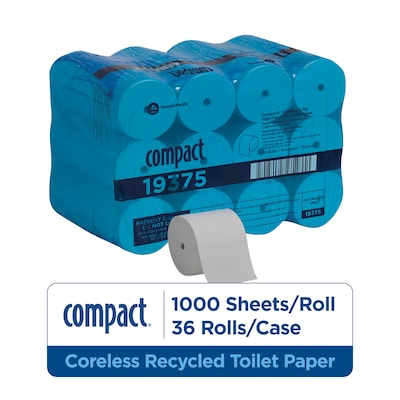 Compact Recycled Coreless Toilet Paper, 2-Ply, White, 1000 Sheets/Roll, 36 Rolls/Carton (19375)