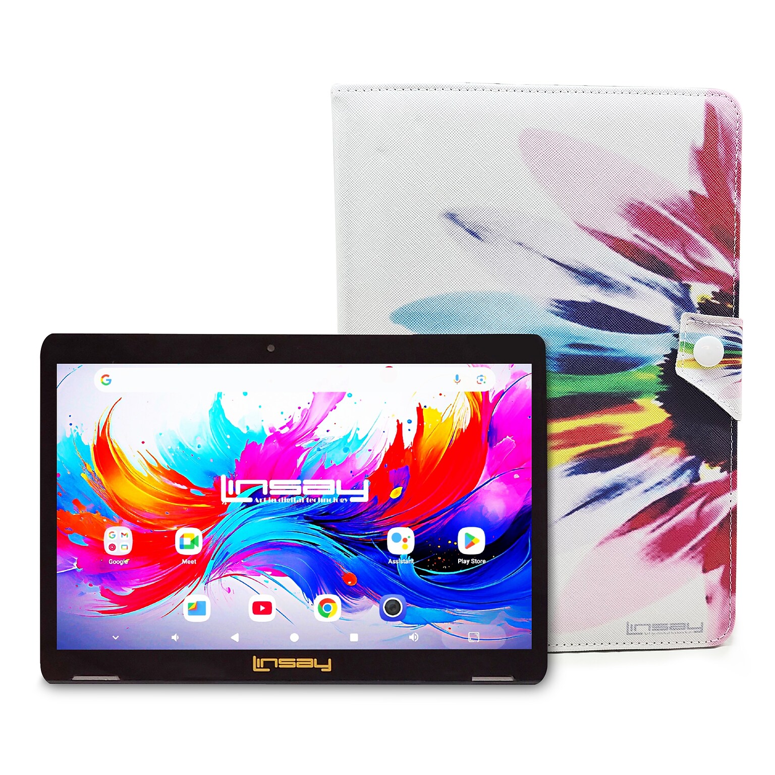 LINSAY F10 Series 10.1 Tablet, Wi-Fi, Octa Core, 256GB eMMC, Android 15, Rainbow Marble Case (F10IPGCRAINPLUS)