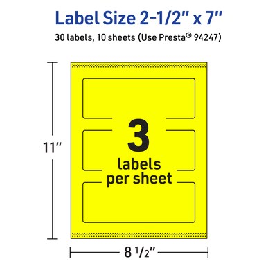 Avery Rectangle Laser/Inkjet Multipurpose Labels, 2.5" x 7", Neon Yellow (30/Pack)