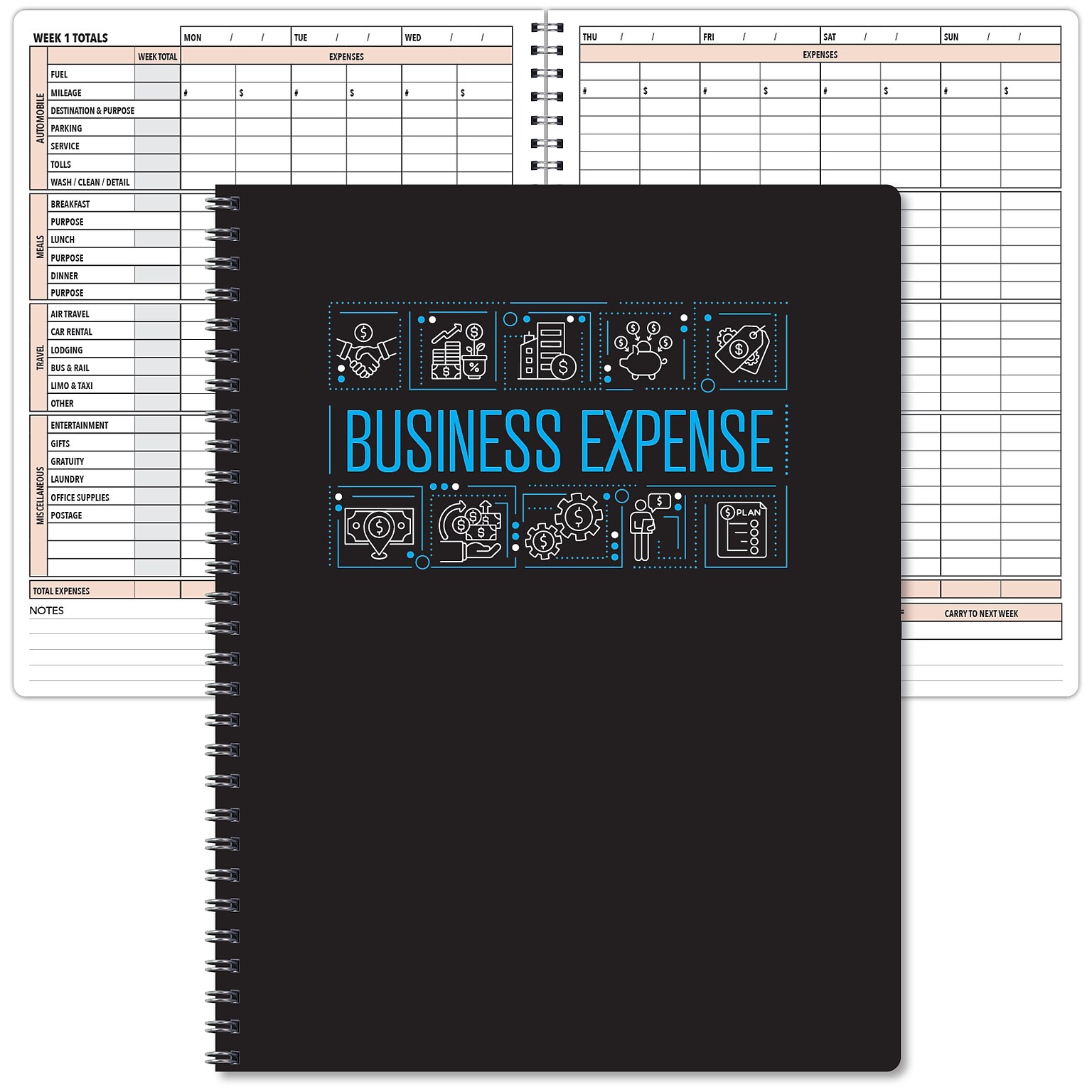 Global Printed Products Business Expense Accounting Journal, 8.5 x 11, Black/Blue, (GPP-0116)
