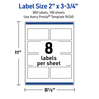 Avery Waterproof Rectangle Laser Multipurpose Labels, 2" x 3.75", White, 800/Box (19479399303)