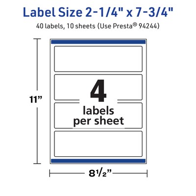 Avery TrueBlock Laser/Inkjet Rectangle Multipurpose Labels, 2.25" x 7.75", White, 40/Pack (94244)