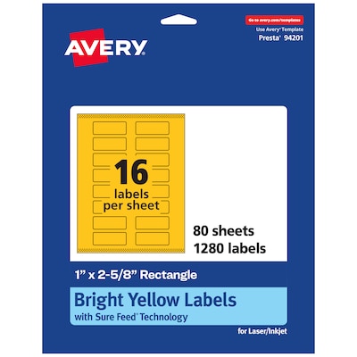 Avery Rectangle Laser/Inkjet Multipurpose Labels, 1 x 2-5/8, Bright Yellow (1280/Box)