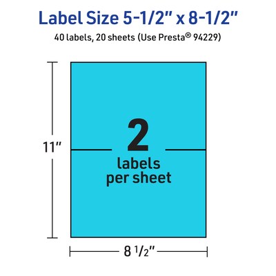 Avery Rectangle Multipurpose Labels, 5.5" x 8.5", Bright Blue, 40/Pack (94229)