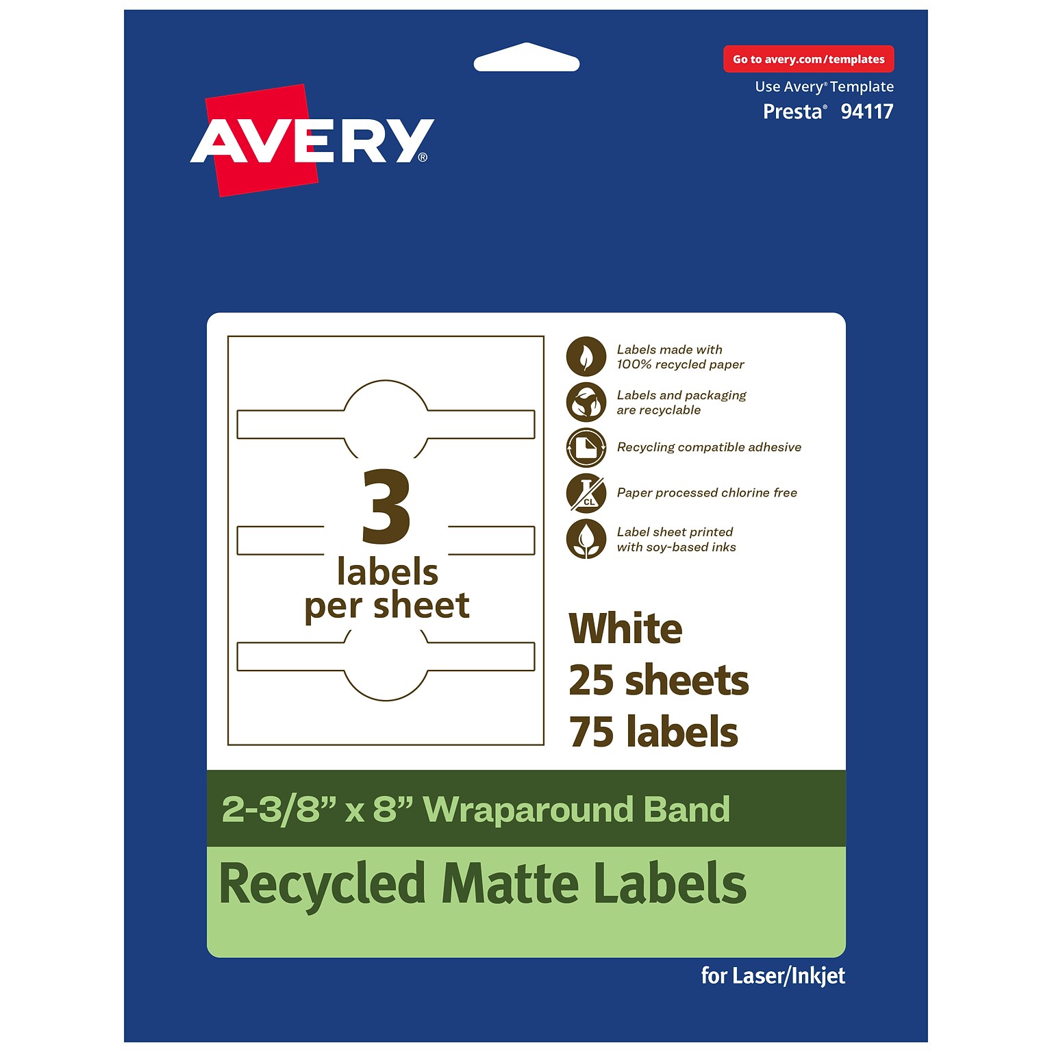 Avery EcoFriendly Laser/Inkjet Decorative Edge Multipurpose Labels, 2-3/8 x 8, White, 75/Pack (94117)