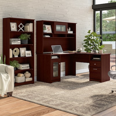 Bush Furniture Cabot 60"W L Shaped Computer Desk with Hutch and 5 Shelf Bookcase, Harvest Cherry (CAB011HVC)