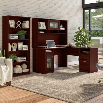 Bush Furniture Cabot 60W L Shaped Computer Desk with Hutch and 5 Shelf Bookcase, Harvest Cherry (CA