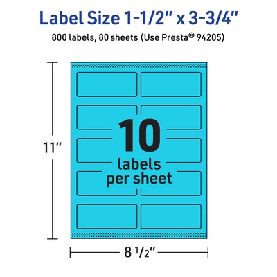 Avery Laser/Inkjet Multipurpose Rectangle Labels, 1.5" x 3.75", Bright Blue, 800/Box (94205)