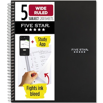 Five Star with Study App 5-Subject Subject Notebooks, Wide Ruled, 200 Sheets, Black (930012A-ECM)