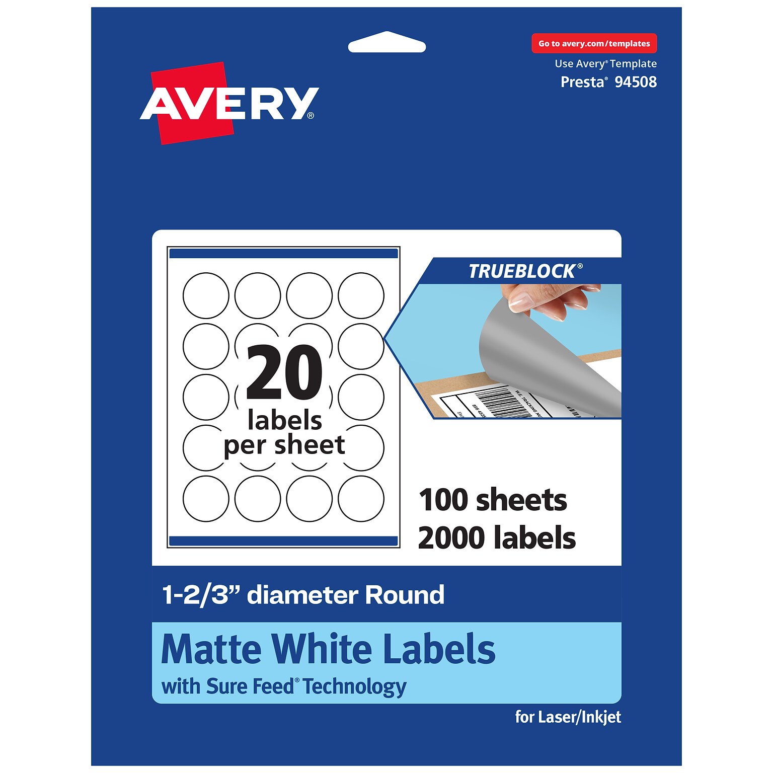 Avery TrueBlock Laser/Inkjet Circle Multipurpose Labels, 1-2/3 Dia., White, 2000/Box (94508)