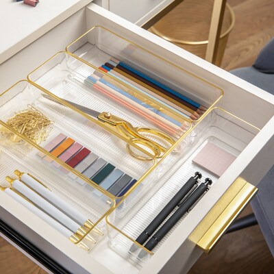Martha Stewart Kerry Plastic Stackable Office Desk Drawer Organizer, Clear/Gold, 6/Set (BEPB8975G6CGD)