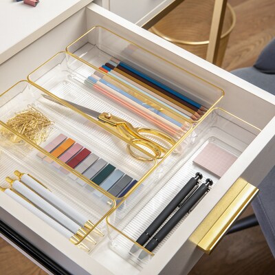 Martha Stewart Kerry Plastic Stackable Office Desk Drawer Organizer, Clear/Gold, 6/Set (BEPB8975G6CG