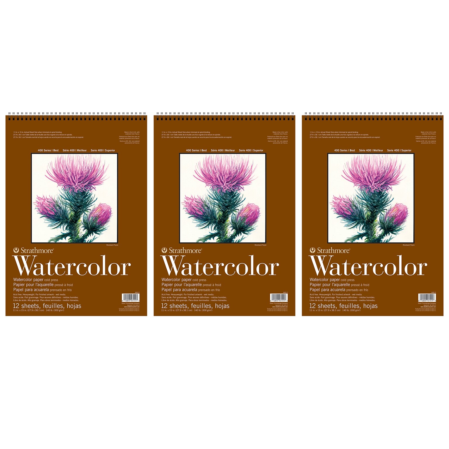 Strathmore 400 Series 11 x 15 Wire Bound Watercolor Sketch Pad, 12 Sheets/Pad, 3/Bundle (STTP440203-3)