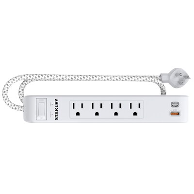 STANLEY SurgeMax 4-Outlet Surge Protector Power Strip with 2-USB Ports & Braided Fabric Cord, 6-ft., 600 Joules, White (33253)