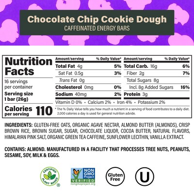 VERB Caffeinated Gluten Free Chocolate Chip Cookie Dough Energy Bar, 0.92 oz., 16/Pack (220-02525)