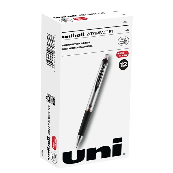 uni-ball 207 Impact RT Retractable Gel Pens, Bold Point, Red Ink, Dozen (65872)