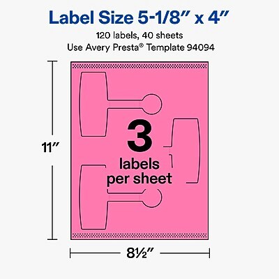 Avery Laser/Inkjet Multipurpose Labels, 5-1/8" x 4", Bright Pink, 120 Labels/Box (19479370726)