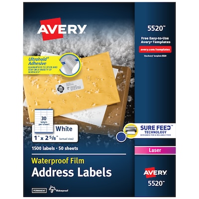 Avery Waterproof Laser Address Labels, 1" x 2-5/8", Matte White, 30 Labels/Sheet, 50 Sheets/Box (5520)