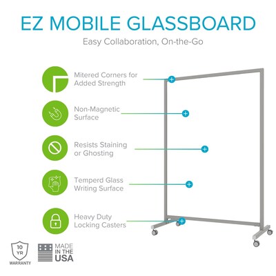 Ghent EZ Glass Mobile Dry-Erase Whiteboard, Aluminum Frame, 75H x 50W, White (EZ1NA7550WH)