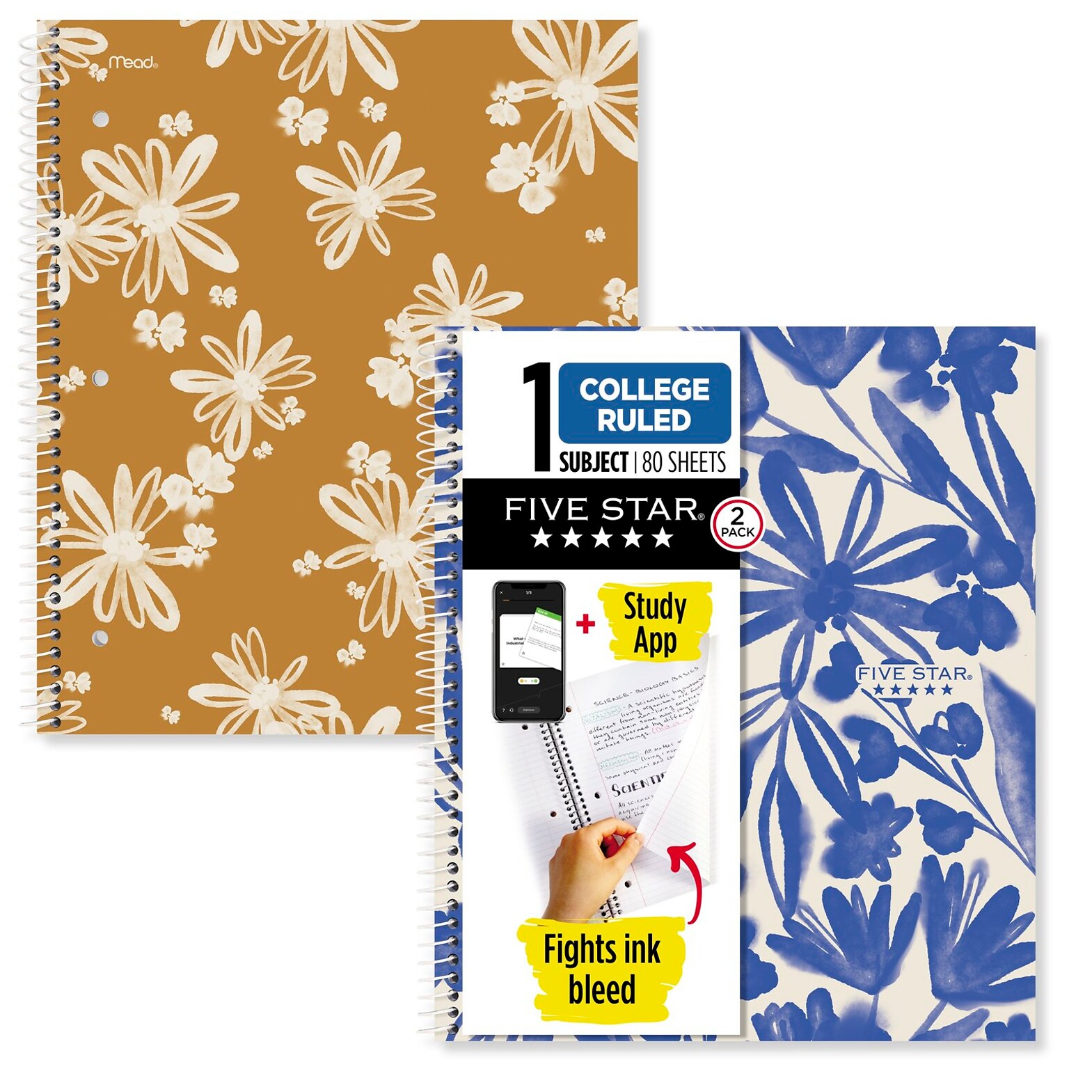 Five Star Soft Petals 1-Subject Notebooks, 8.5 x 11, College-Ruled, 80 Sheets, Assorted Colors, 2/Pack (820331)