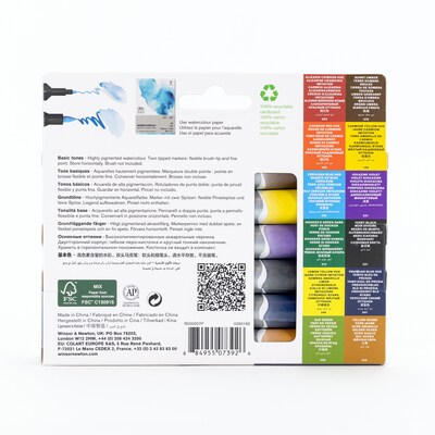 Winsor & Newton Promarker Dual-Tip Watercolor Alcohol Based Marker, Basic Tones, 12/Pack (WNX0290165)